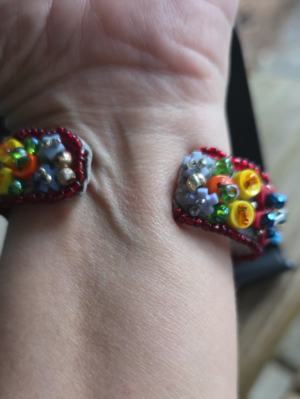 Handmade Colorful Beaded Bracelet Adult Adjustable Multicolor Boho Upcycle Cuff - Picture 3 of 5